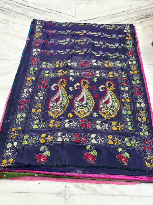 Blended Bangalore Silk Hand Crafted Kantha Stitch Saree