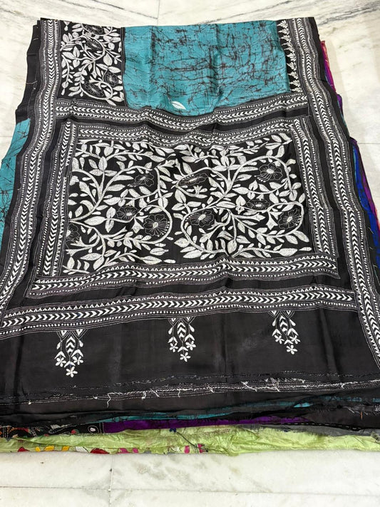 Pure Bangalore Silk Hand Crafted Kantha Stitch Saree