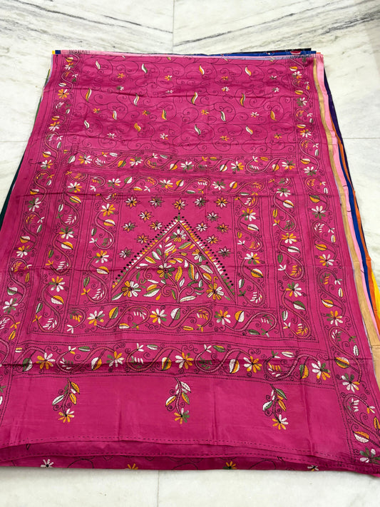 Blended Murshidabad Silk Hand Crafted Kantha Stitch Saree