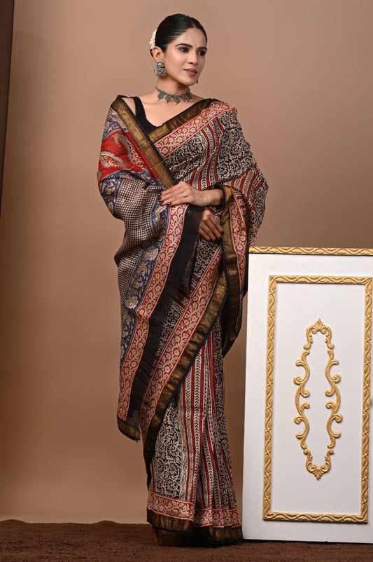 Natural Color Hand Block Print Saree