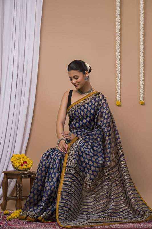 Hand Block Print Saree on Chanderi Silk