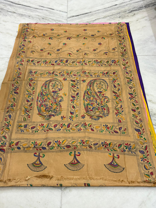 Blended Murshidabad Silk Hand Crafted Kantha Stitch Saree