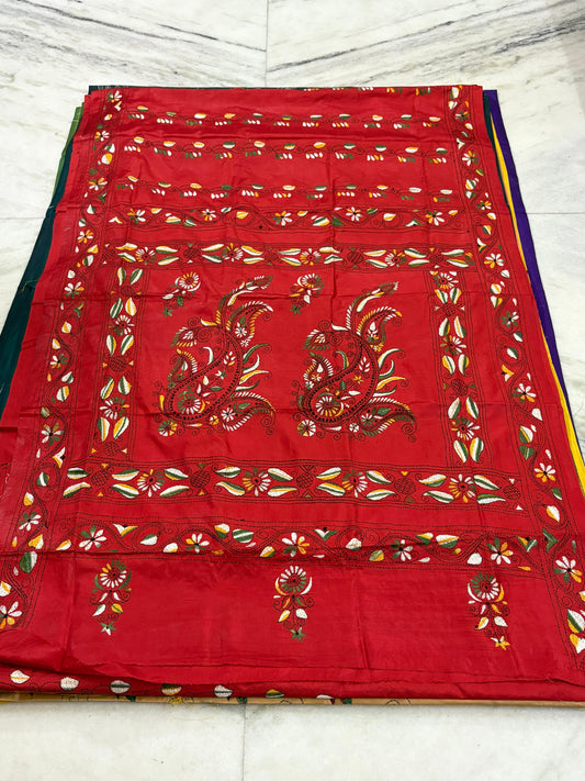 Blended Murshidabad Silk Hand Crafted Kantha Stitch Saree