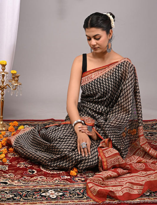 Hand Block Print Saree on Chanderi Silk