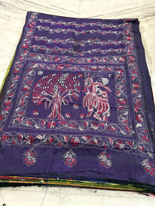 Blended Bangalore Silk Hand Crafted Kantha Stitch Saree