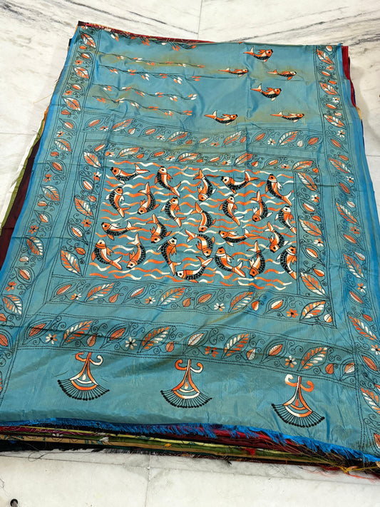 Blended Bangalore Silk Hand Crafted Kantha Stitch Saree