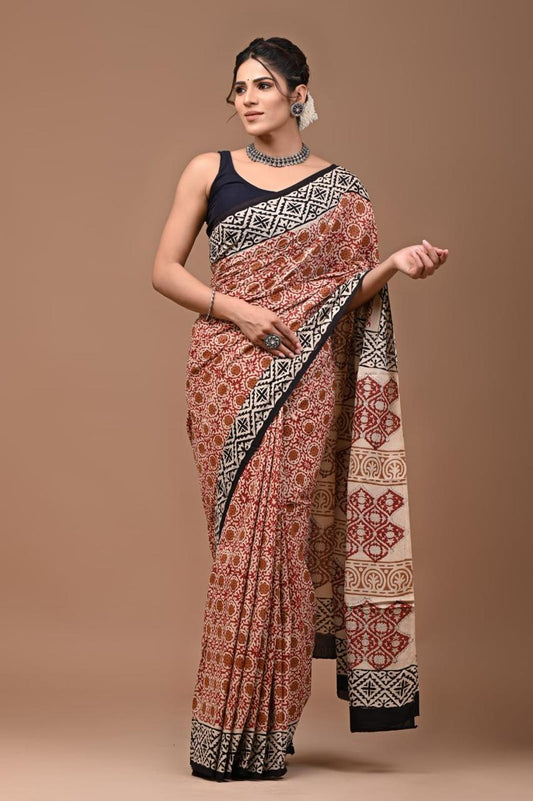 Natural Color Hand Block Print Saree