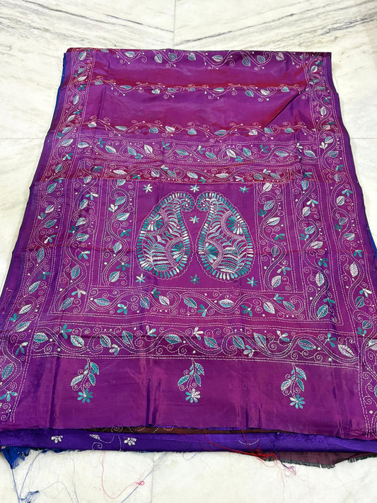 Blended Murshidabad Silk Hand Crafted Kantha Stitch Saree