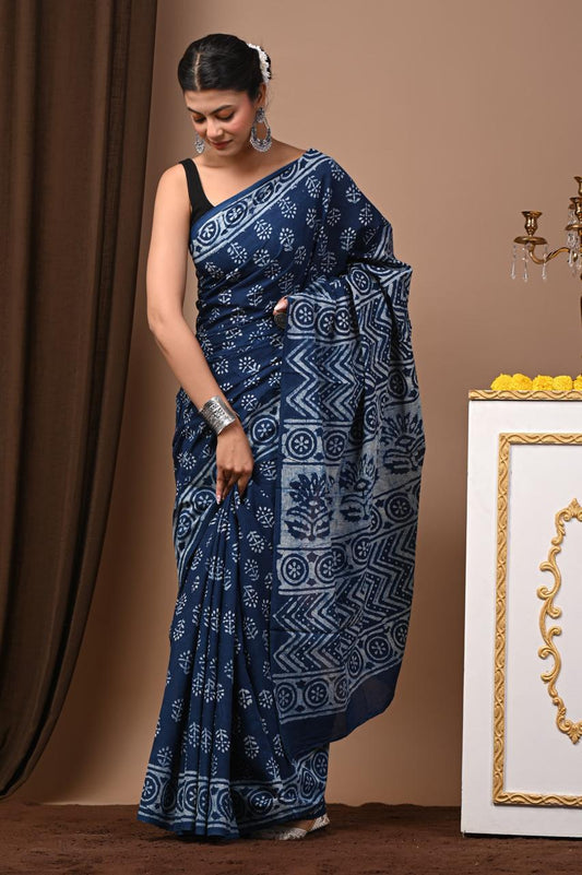 Hand Block Printing Saree with Indigo Dyes