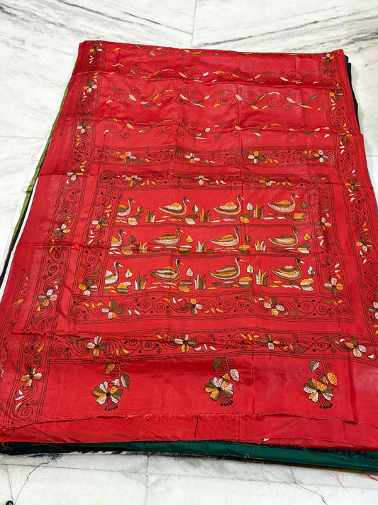 Blended Bangalore Silk Hand Crafted Kantha Stitch Saree