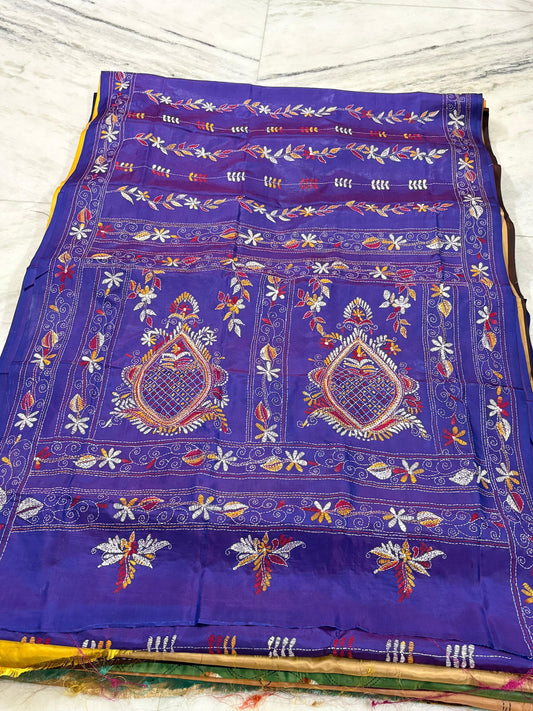 Blended Murshidabad Silk Hand Crafted Kantha Stitch Saree