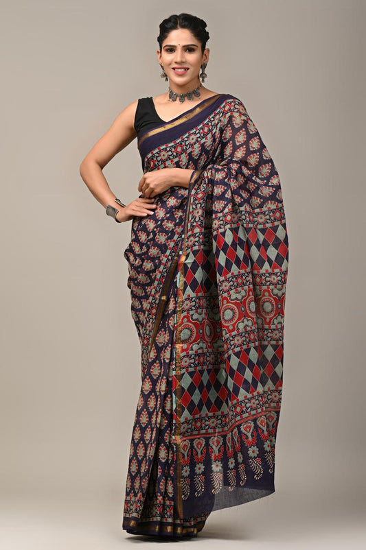 Hand Block Printing Saree on Cotton Zari
