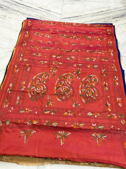 Blended Murshidabad Silk Hand Crafted Kantha Stitch Saree