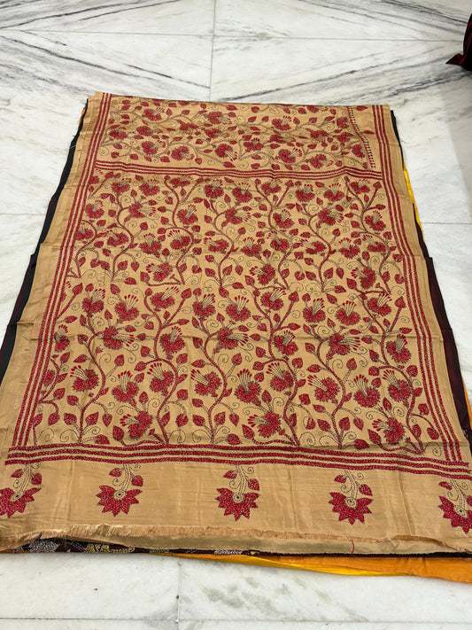 Blended Bangalore Silk Hand Crafted Kantha Stitch Saree