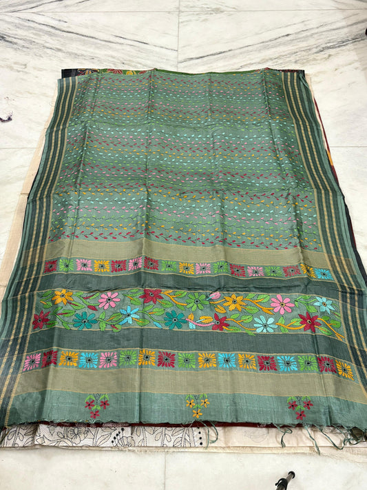 Pure Gachhi Tussar Handicrafts Kantha Stitch Saree