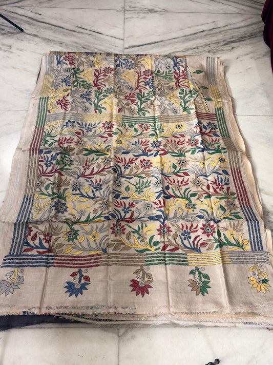 Pure Gachhi Tussar Handicrafts Kantha Stitch Saree