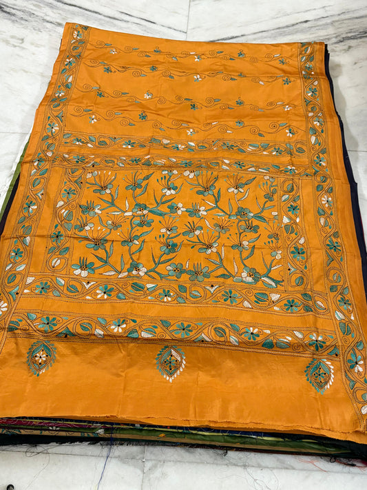 Blended Bangalore Silk Hand Crafted Kantha Stitch Saree