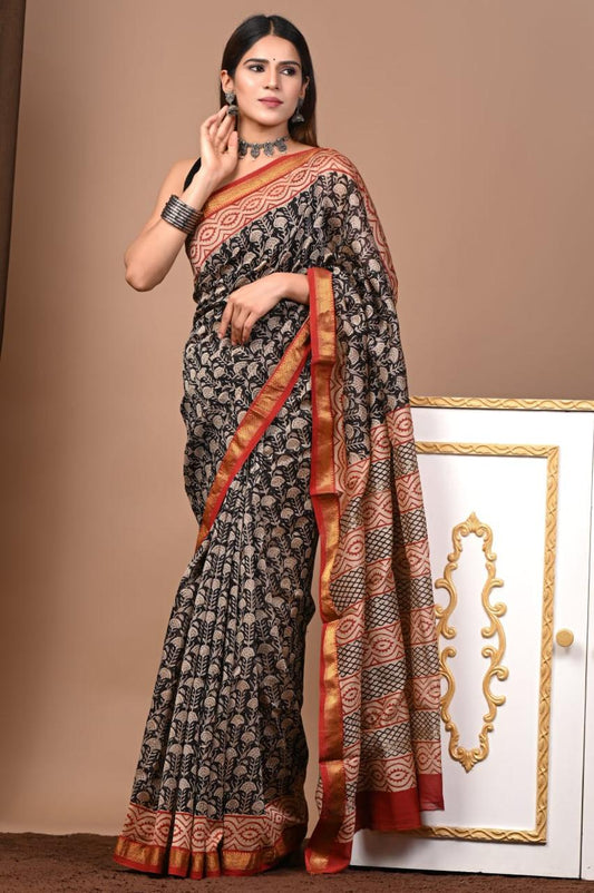 Natural Color Hand Block Print Saree