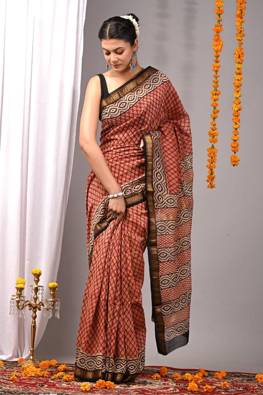 Natural Color Hand Block Print Saree