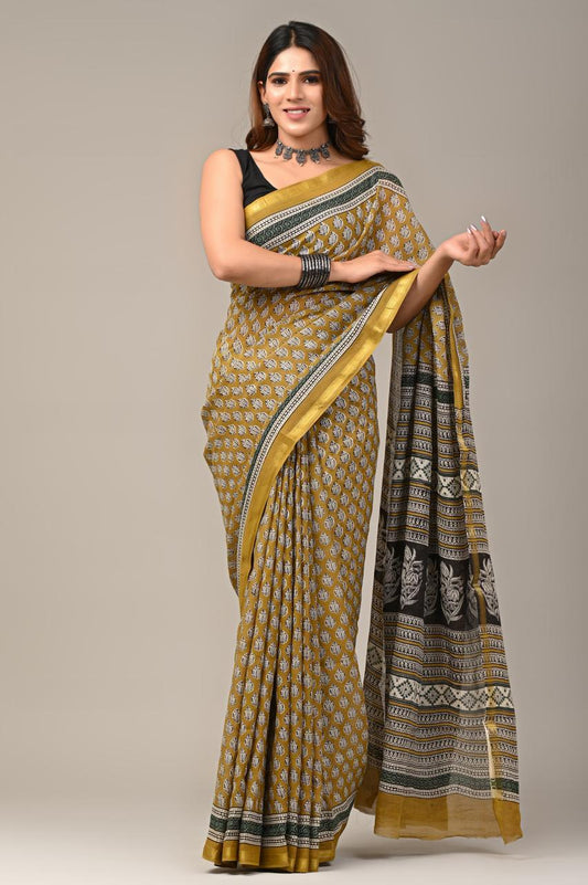 Hand Block Printing Saree on Cotton Zari