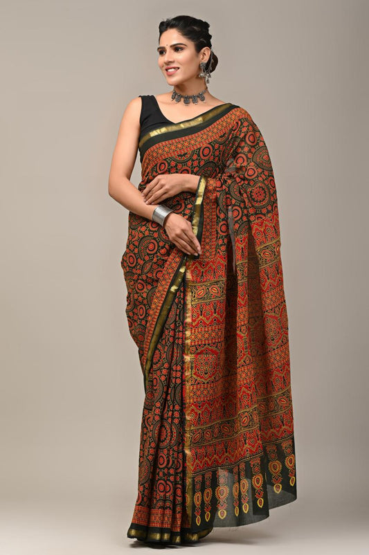 Hand Block Printing Saree on Cotton Zari
