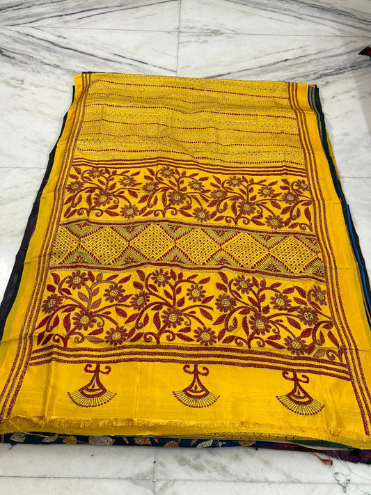 Blended Bangalore Silk Hand Crafted Kantha Stitch Saree