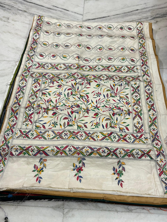 Blended Bangalore Silk Hand Crafted Kantha Stitch Saree