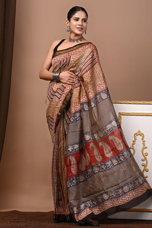Natural Color Hand Block Print Saree