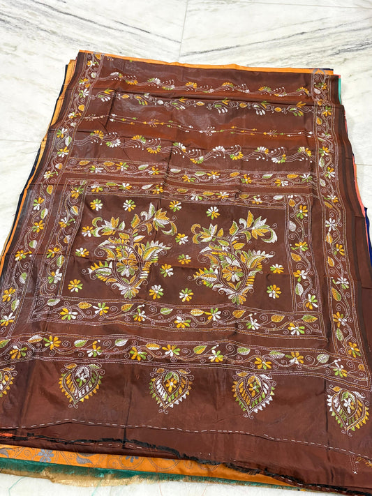 Blended Murshidabad Silk Hand Crafted Kantha Stitch Saree
