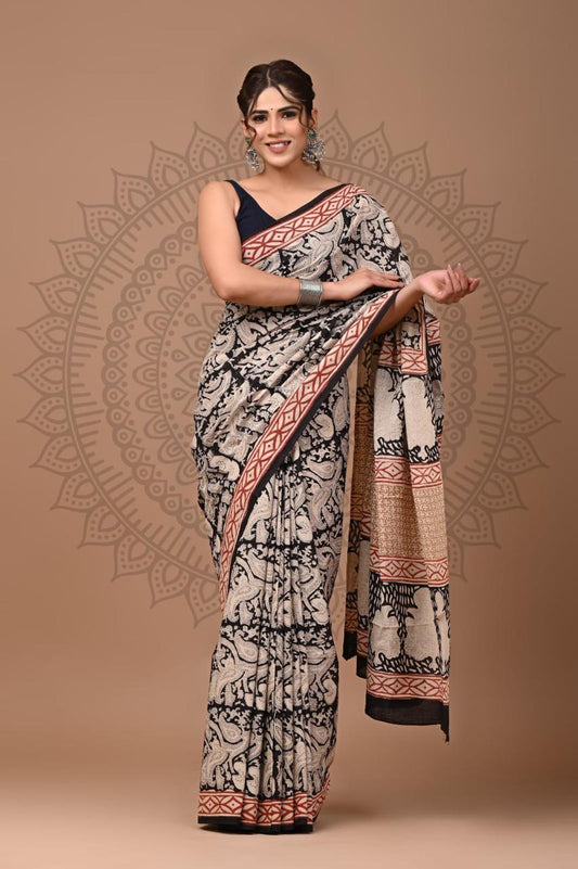 Natural Color Hand Block Print Saree