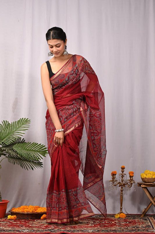Hand Block Printing Saree on Kota Silk