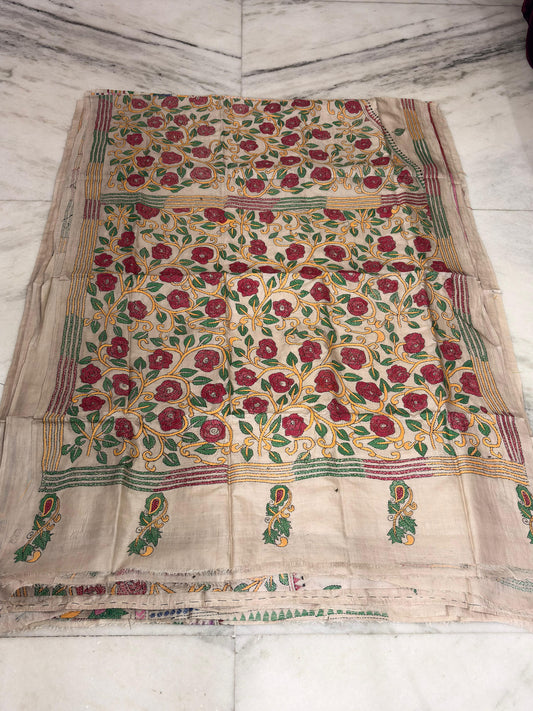 Pure Gachhi Tussar Handicrafts Kantha Stitch Saree