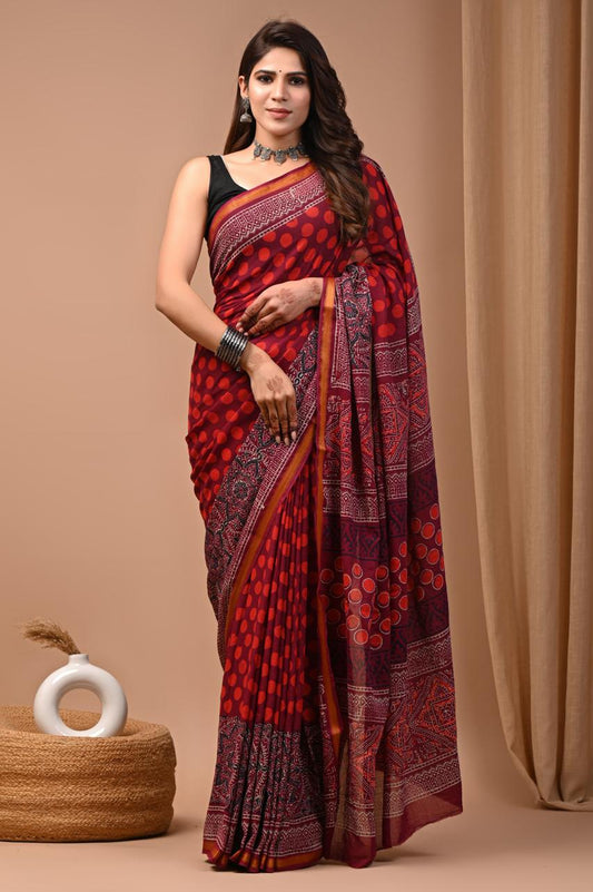 Hand Block Printing Saree on Cotton Zari