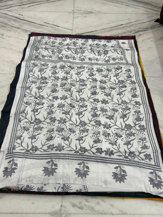 Blended Bangalore Silk Hand Crafted Kantha Stitch Saree
