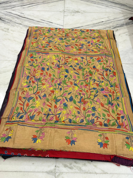 Blended Bangalore Silk Hand Crafted Kantha Stitch Saree