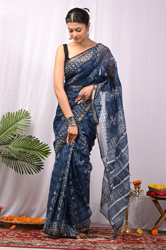 Hand Block Printing Saree on Kota Silk
