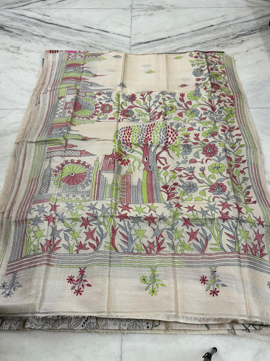 Pure Gachhi Tussar Handicrafts Kantha Stitch Saree