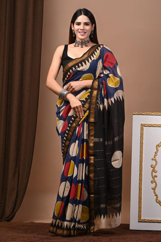 Natural Color Hand Block Print Saree