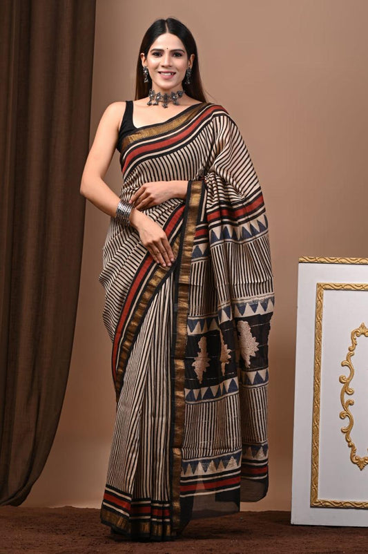 Natural Color Hand Block Print Saree