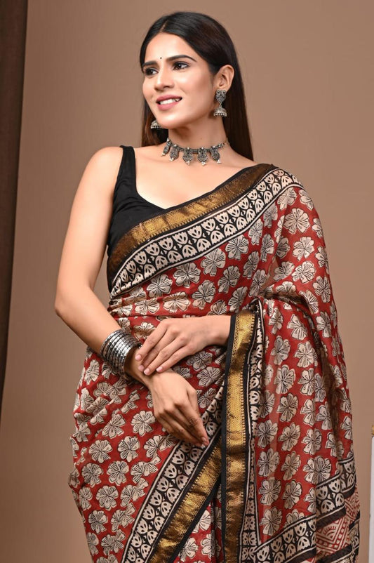Natural Color Hand Block Print Saree