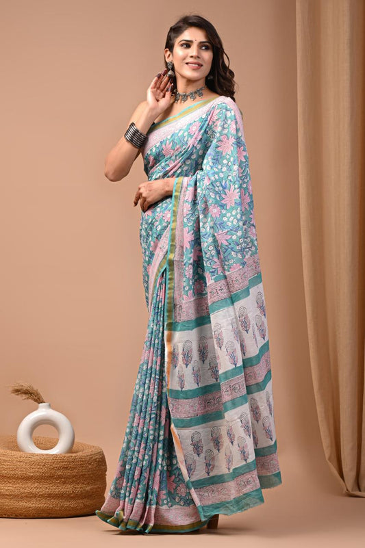 Hand Block Printing Saree on Cotton Zari
