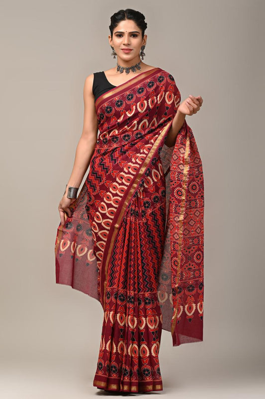 Hand Block Printing Saree on Cotton Zari