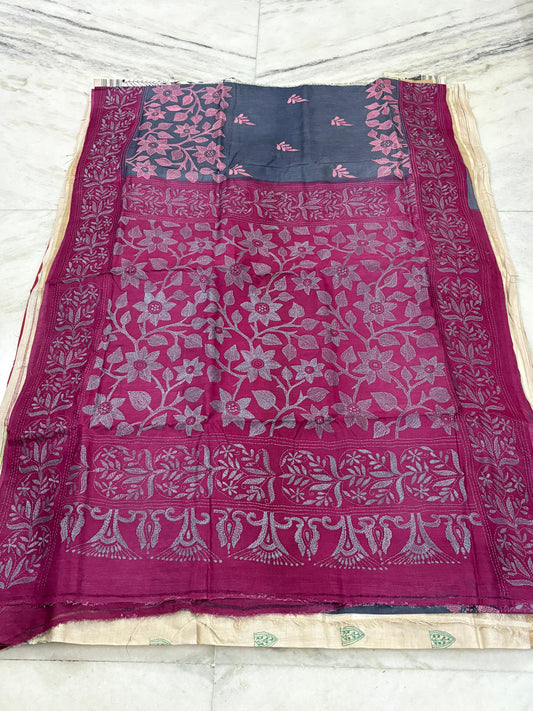 Korean Tussar Handicrafts Kantha Stitch Saree