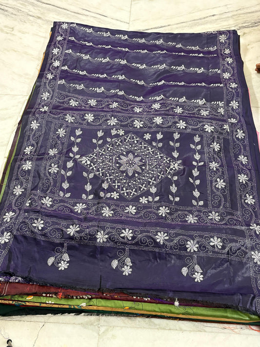Blended Bangalore Silk Hand Crafted Kantha Stitch Saree