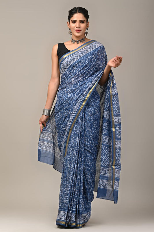 Hand Block Printing Saree on Cotton Zari