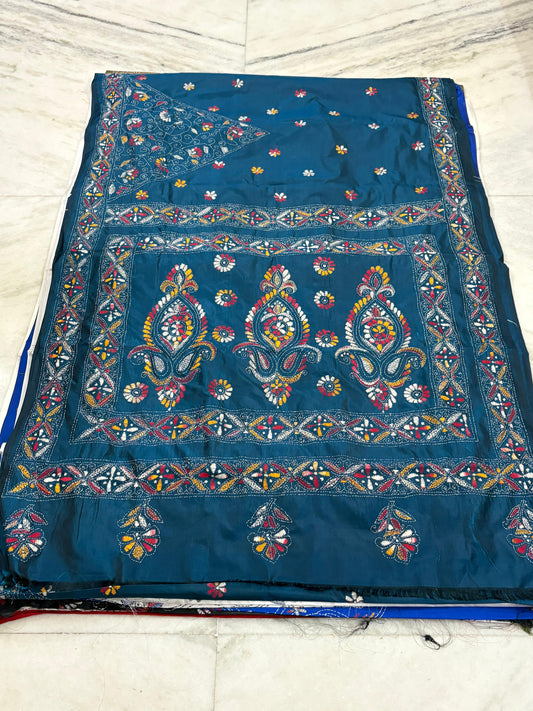 Blended Murshidabad Silk Hand Crafted Kantha Stitch Saree