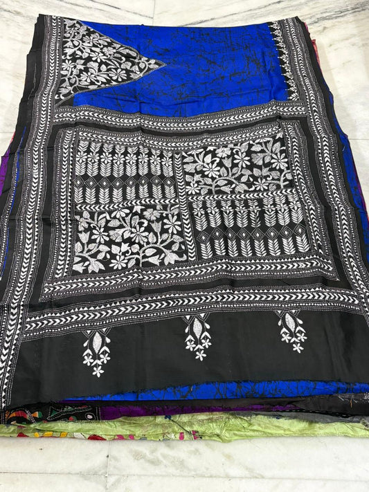 Pure Bangalore Silk Hand Crafted Kantha Stitch Saree
