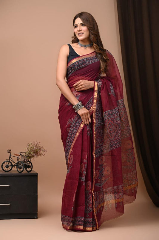 Hand Block Printing Saree on Kota Silk