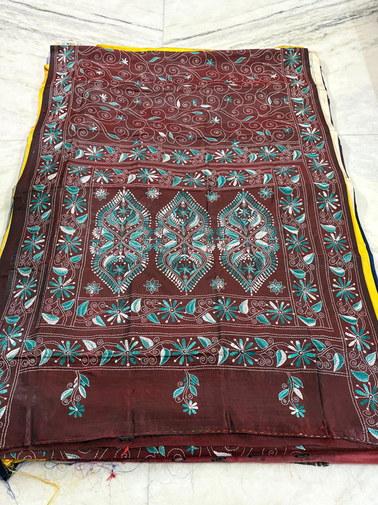 Blended Murshidabad Silk Hand Crafted Kantha Stitch Saree