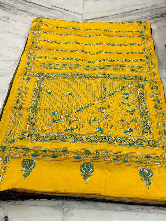 Blended Bangalore Silk Hand Crafted Kantha Stitch Saree